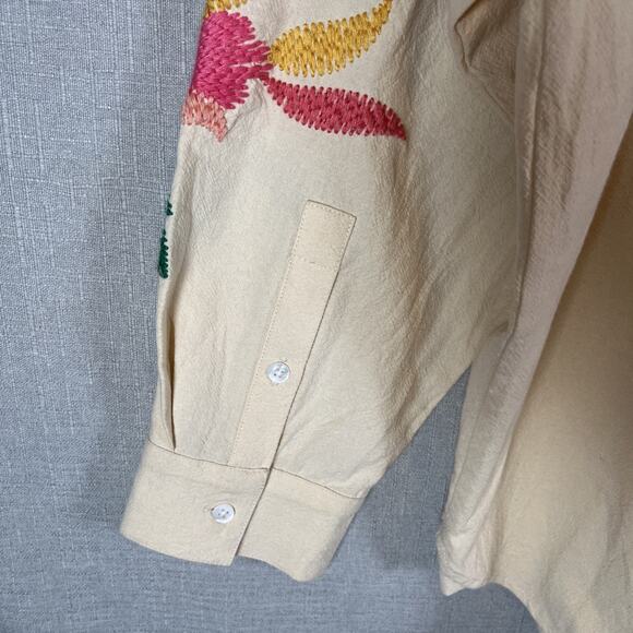 Sezane Maxy Top Shirt Oversized Beige Fits 16 & Up Floral Embroidered Button Up - Picture 8 of 15